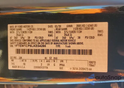 2020 Ford F150 Supercrew z USA, uszkodzony, nr VIN 1FTEW1CP8LKE04286